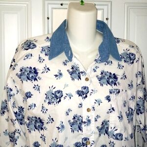 Button down shirt large roses 12 14
